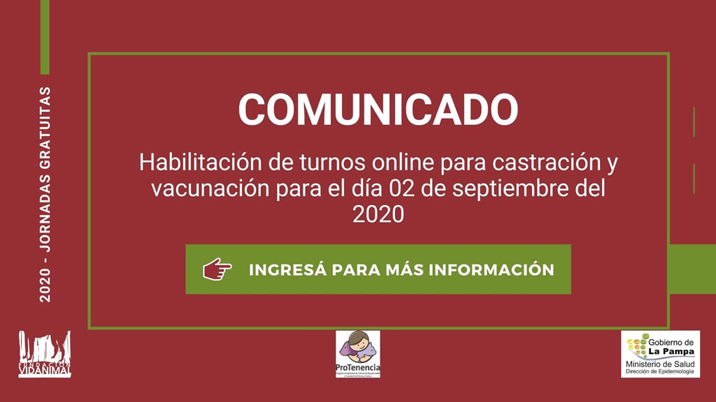 Comunicado: Habilitación de turnos online para castración y vacunación para el día 02 de septiembre del 2020