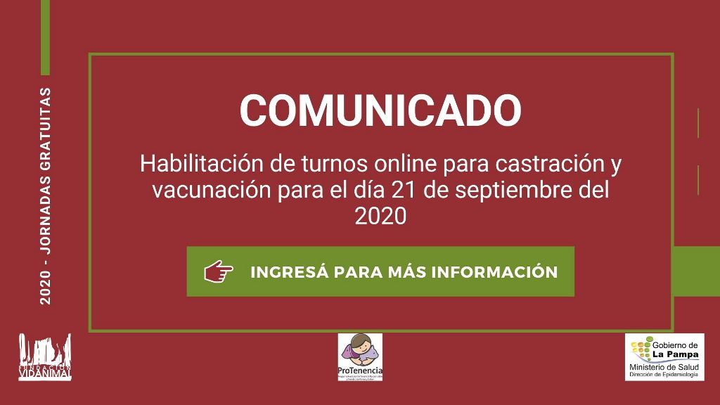 Comunicado: Habilitación de turnos online para castración y vacunación para el día 21 de septiembre del 2020
